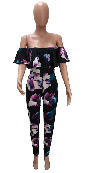 S-4XL Ruffle Off Shoulder Jumpsuit Womens Elegant Floral Big Plus Size Party Club Overalls Sexy Rompers Womens Jumpsuit