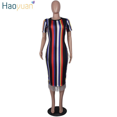 Summer Tassel Striped Dress Women Clothes Plus Size Sundress Casual Bodycon Dresses Elegant Robe Sexy Party Midi Dress