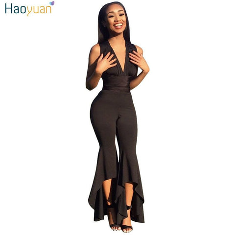 Wide Leg Bodycon Jumpsuit Deep-V Summer Full Bodysuit Bodies Woman Sexy Club Party Black White Rompers Womens Jumpsuit