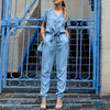 HDY   Brand Summer 2022 Women Blue V Neck Tie Waist Denim Singal Buttons Short Sleeve Female Elegant Casual Jumpsuits