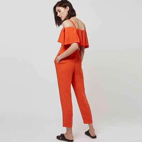 HDY Brand Women Orange Ruffles Sexy Elegant Jumpsuits Cold Shoulder Slash Neck Zipper Back Female Casual Jumpsuits
