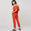 HDY Brand Women Orange Ruffles Sexy Elegant Jumpsuits Cold Shoulder Slash Neck Zipper Back Female Casual Jumpsuits