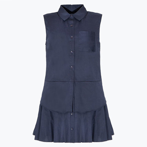HDY Summer Women Preppy Style Solid Button Down Drape Pleated Insert Collar Sleeveless A-Line Mini Dress
