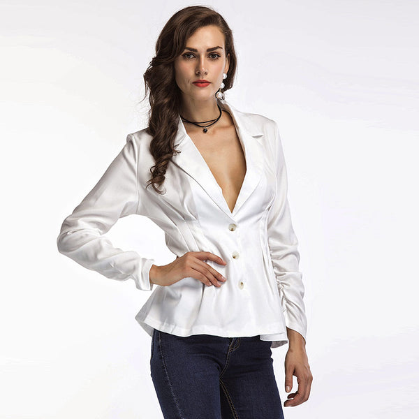HDY  White Blazers Women Long Sleeve Deep V-neck Slim Waist Stretch Coats Office laides  Work Wear New 2022 Spring Top