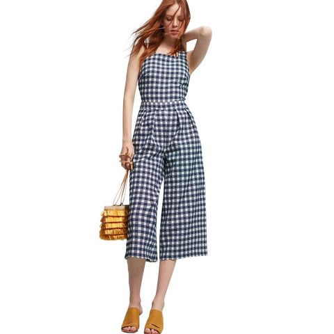 HDY White Blue Plaid Backless Sexy Women Jumpsuits Back Cross Sleeveless Playsuits Casual Preppy Style Vintage Rompers