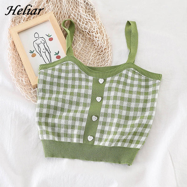 HELIAR Plaid Buttons Spaghetti Camis Club Sexy Knitting Camisoles Female Tank Tops Ladies Sleeveless Solid Simple Tops Women