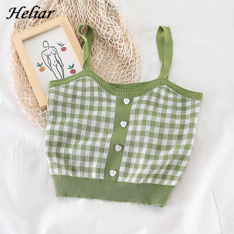 HELIAR Plaid Buttons Spaghetti Camis Club Sexy Knitting Camisoles Female Tank Tops Ladies Sleeveless Solid Simple Tops Women