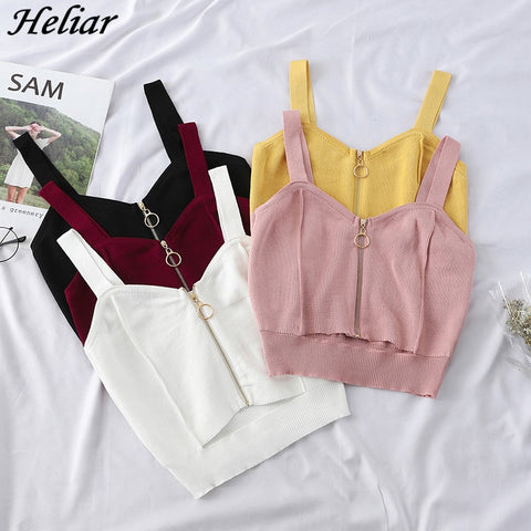 HELIAR Tops Women Crop Top Zipper Fly Camisoles Knitted Sexy Tops With Hole Women Sleeveless Solid Crop Top For Women Summer