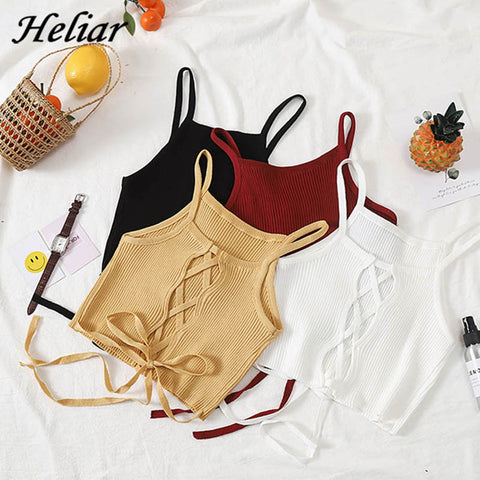 HELIAR Women Crop Top Knitted Bandage Tops Night Club Camis Straps Tank Top Female Solid Crop Tops Women Summer