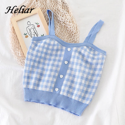 HELIAR Women Knitted Plaid Crop Tops Female Button Up Straps Streetwear Blue Camisole Cute Crop Tops For Women 2022 Summer