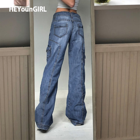 HEYounGIRL Boyfriend Vintage High WaistJeans for Women Harajuku Casual Baggy Pants Capris Pockets Blue Denim Trousers Autumn