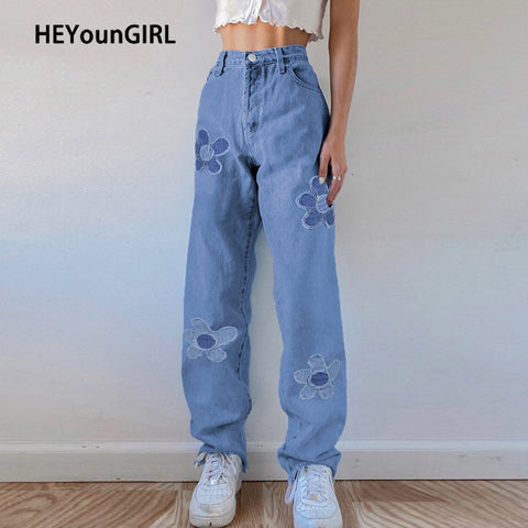 HEYounGIRL Floral Patchwork Casual Vintage Jeans Women High Waist Denim Pants Capris Elegant Trousers Ladies Summer 2022