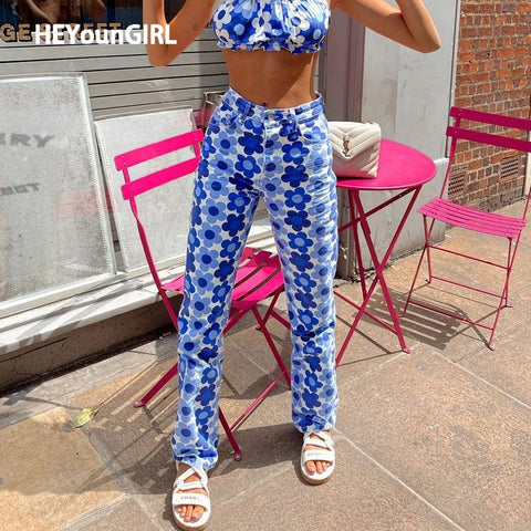 HEYounGIRL Floral Vintage Elegant Skinny Jeans Women High Waist Casual Denim Trousers Korean Summer Pocket Pants Capris