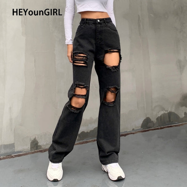 HEYounGIRL Hole Ripped Black Woman Distressed Jeans Casual Hip Hop High Waist Pants Capris Pocket Straight Denim Trousers Ladies