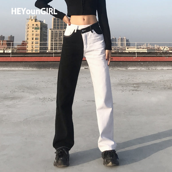 HEYounGIRL Patchwork Black White Cotton Jeans Women Casual Harajuku Denim Pants Capris Hip Hop Trousers Streetwear 2022
