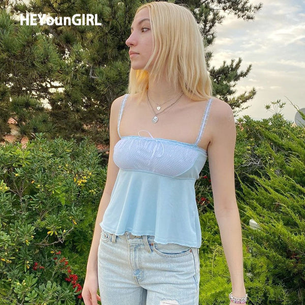 HEYounGIRL Ruffles Casual Summer Sleeveless Cami Top Women Patchwork Lace Y2K Spaghetti Strap Tops Tees Ladies Fashion 90s Party