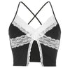 HEYounGIRL Split Patchwork Lace Sexy Crop Top Women V Neck Black Summer Cami Top 90s Fashion Spaghetti Strap Tops Tees Ladies