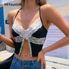 HEYounGIRL Split Patchwork Lace Sexy Crop Top Women V Neck Black Summer Cami Top 90s Fashion Spaghetti Strap Tops Tees Ladies
