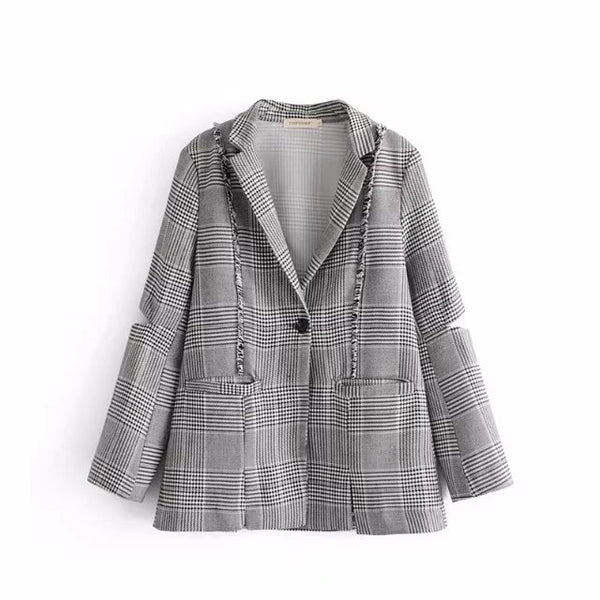[HG] Europe New Spring Vintage Casual Women Single Button Notched Collar Coats Female Full Sleeve Plaid Blazers XWW2703