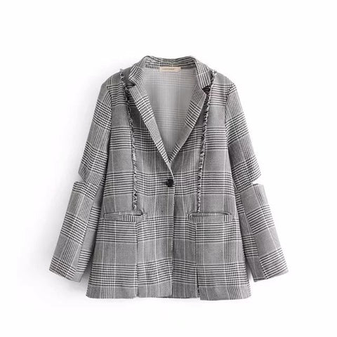 [HG] Europe New Spring Vintage Casual Women Single Button Notched Collar Coats Female Full Sleeve Plaid Blazers XWW2703