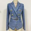 2022 Newest Designer Women's Double Breasted Lion Buttons Belted Soft Denim Blazer Jacket