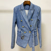 2022 Newest Designer Women's Double Breasted Lion Buttons Belted Soft Denim Blazer Jacket