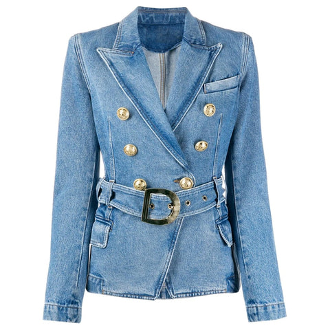 2022 Newest Designer Women's Double Breasted Lion Buttons Belted Soft Denim Blazer Jacket