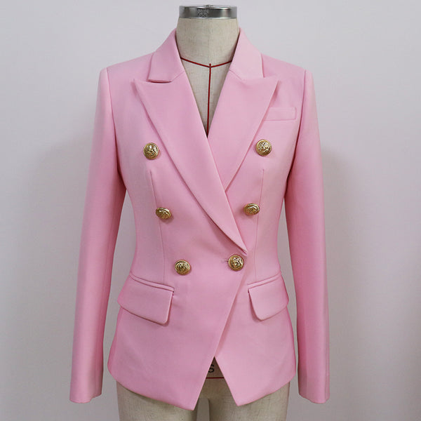 2023 Designer Blazer Women's Slim Fitting Metal Lion Buttons Double Breasted Blazer Jacket Baby Pink
