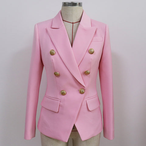 2023 Designer Blazer Women's Slim Fitting Metal Lion Buttons Double Breasted Blazer Jacket Baby Pink