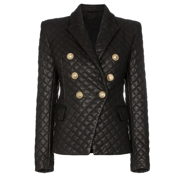 2023 Stylish Designer Blazer Women's Lion Buttons Grid Cotton Padded Slim Fitting Synthetic Leather Jacket
