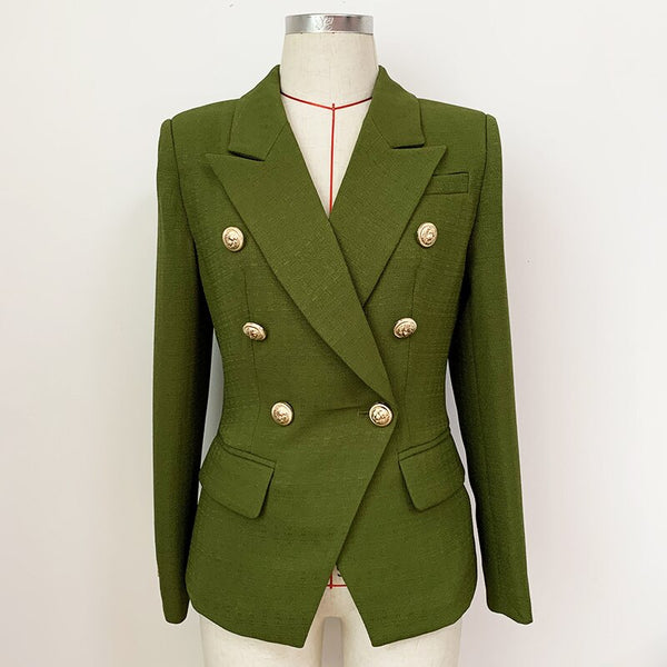 2023 Designer Jacket Women's Classic Lion Buttons Double Breasted Slim Fit Textured Blazer Army Green