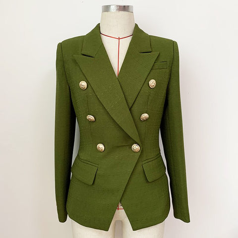 2023 Designer Jacket Women's Classic Lion Buttons Double Breasted Slim Fit Textured Blazer Army Green