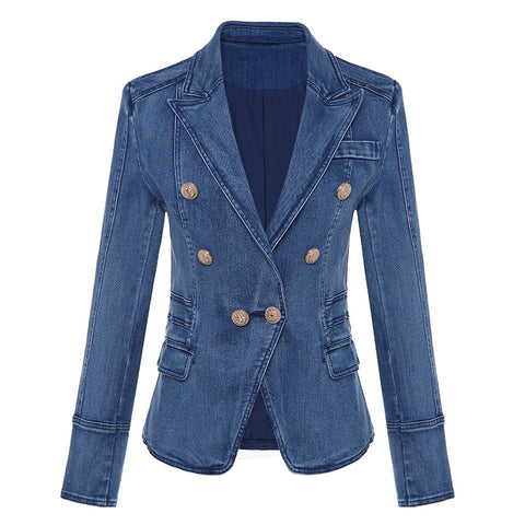 2022 Designer Blazer Women's Metal Lion Buttons Double Breasted Denim Blazer Jacket Outer Coat