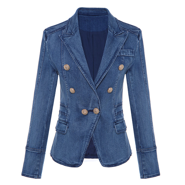 2023 Designer Blazer Women's Metal Lion Buttons Double Breasted Denim Blazer Jacket Outer Coat