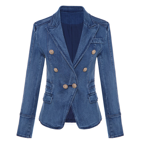 2023 Designer Blazer Women's Metal Lion Buttons Double Breasted Denim Blazer Jacket Outer Coat