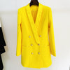 2022 Designer Long Blazer Lion Buttons Double Breasted Satin Shawl Collar Blazer Dress Fluorescent Yellow