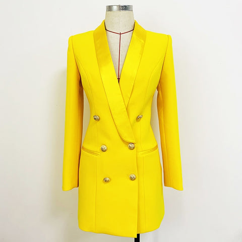 2022 Designer Long Blazer Lion Buttons Double Breasted Satin Shawl Collar Blazer Dress Fluorescent Yellow