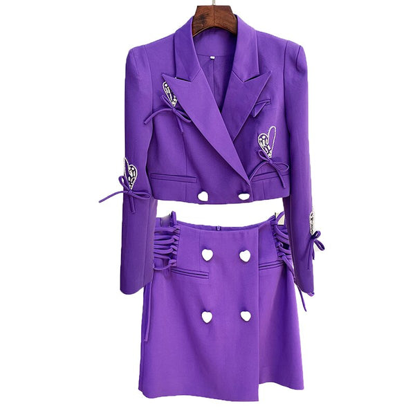 2023 Designer Runway Suit Set Women's Heart Beaded Bow Diamonds Buttons Short Blazer Mini Skirt Suit