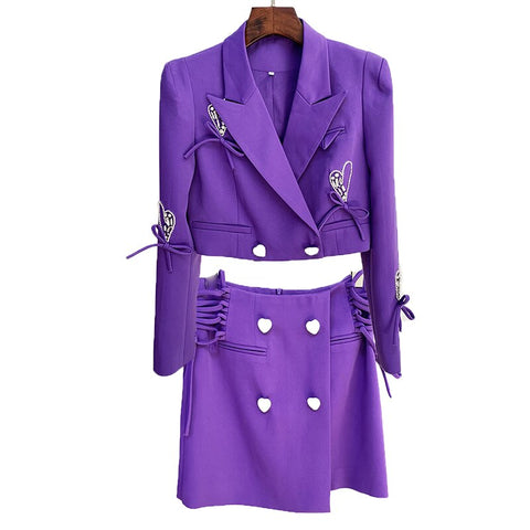 2023 Designer Runway Suit Set Women's Heart Beaded Bow Diamonds Buttons Short Blazer Mini Skirt Suit