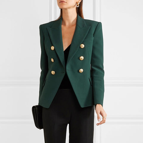 2023 Designer Blazer Women's Long Sleeve Double Breasted Metal Lion Buttons Blazer Jacket Outer Dark Green
