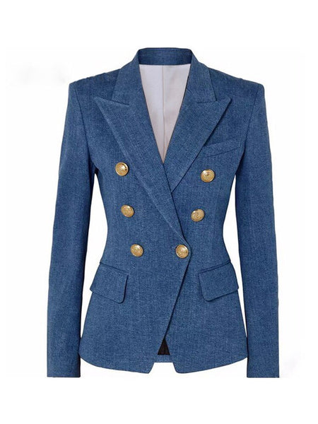 2023 Designer Jacket Women's Classic Slim Fitting Metal Lion Buttons Double Breasted Imitation Denim  Blazer