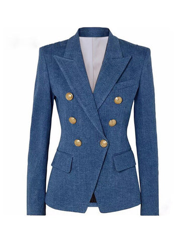 2023 Designer Jacket Women's Classic Slim Fitting Metal Lion Buttons Double Breasted Imitation Denim  Blazer