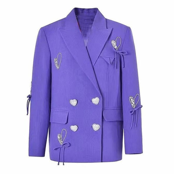 2023 Designer Jacket Women's Double Breasted Diamonds Heart Buttons Bow Beaded Blazer