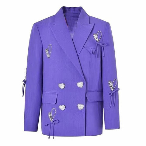 2023 Designer Jacket Women's Double Breasted Diamonds Heart Buttons Bow Beaded Blazer