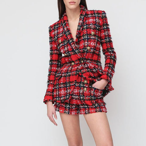 2023 Designer Jacket Women's Double Breasted Lion Buttons Shawl Collar Tassel Fringed Plaid Tweed Blazer