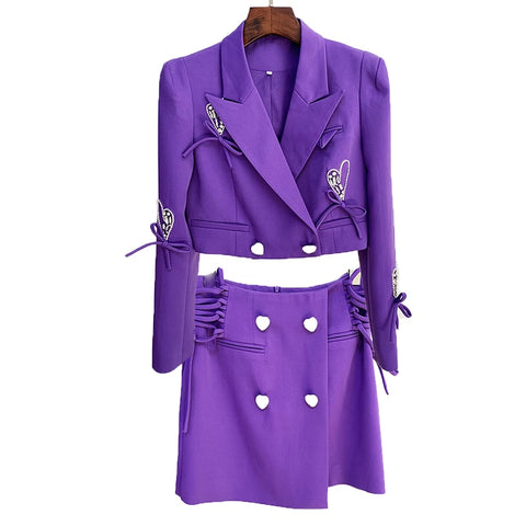 2023 Designer Runway Suit Set Women's Heart Beaded Bow Diamonds Buttons Short Blazer Mini Skirt Suit