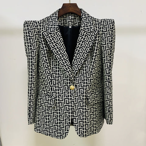 2023 Designer Stylish Jacket Women Peak Shoulder Geometric Monogram Jacquard Single Button Blazer