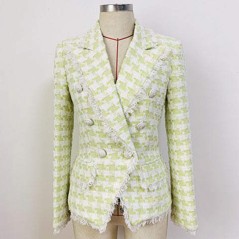 2023 Fall Winter Designer Jacket Women's Lion Buttons Tassel Fringed Houndstooth Blends Tweed Blazer Green