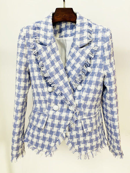 2023 Fall Winter Designer Jacket Women's Lion Buttons Tassel Fringed Plaid Blends Tweed Blazer