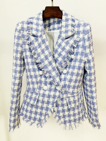 2023 Fall Winter Designer Jacket Women's Lion Buttons Tassel Fringed Plaid Blends Tweed Blazer